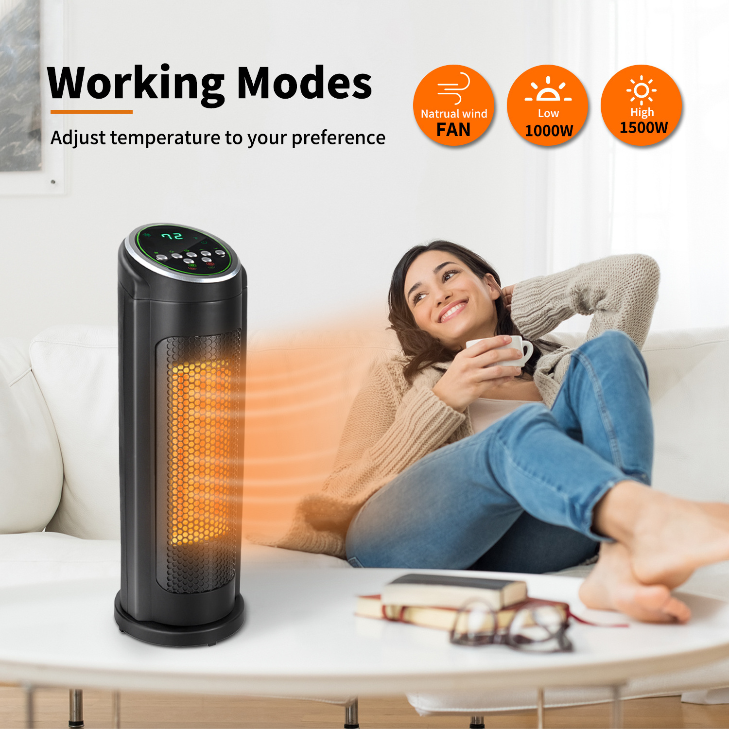 cETLus CE ERP RoHS 16 Inch Electric Portable Indoor Home Space Living Room Bedroom PTC Ceramic Digital Tower Heaters