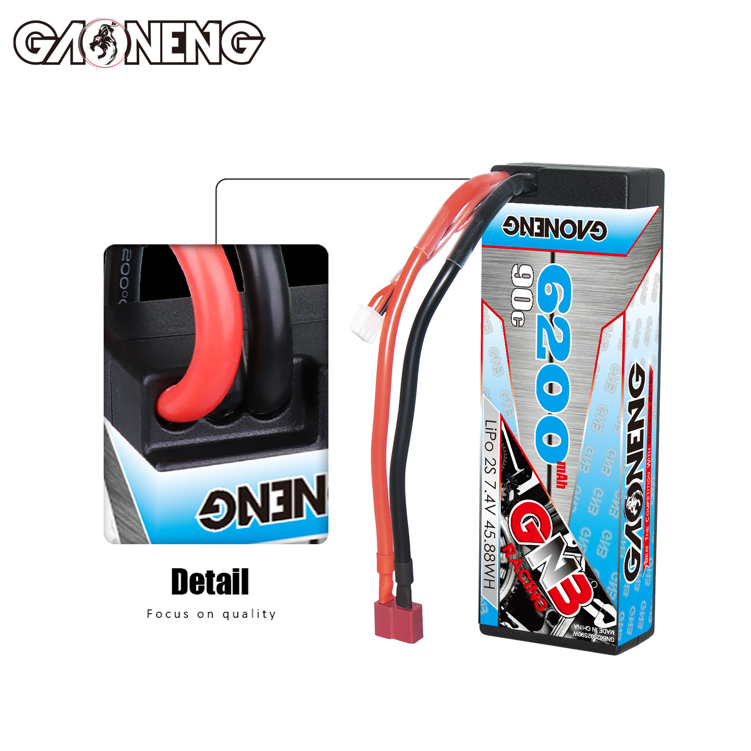 GNB GAONENG 6200MAH 2S 7.4V 90C T-PLUG RC LiPo Battery Cabled Hard Case Stick Pack 1:10 1/10 Racing Car Boat Hobby