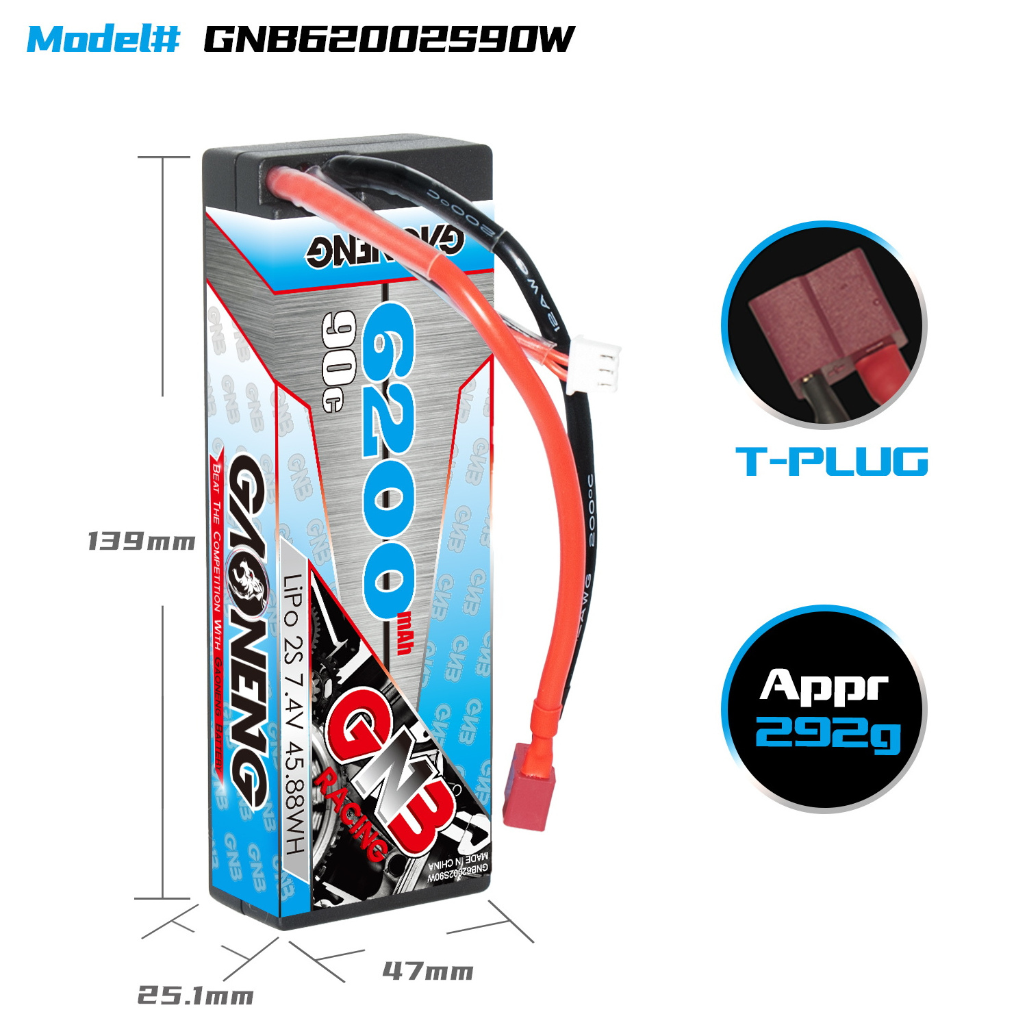 GNB GAONENG 6200MAH 2S 7.4V 90C T-PLUG RC LiPo Battery Cabled Hard Case Stick Pack 1:10 1/10 Racing Car Boat Hobby