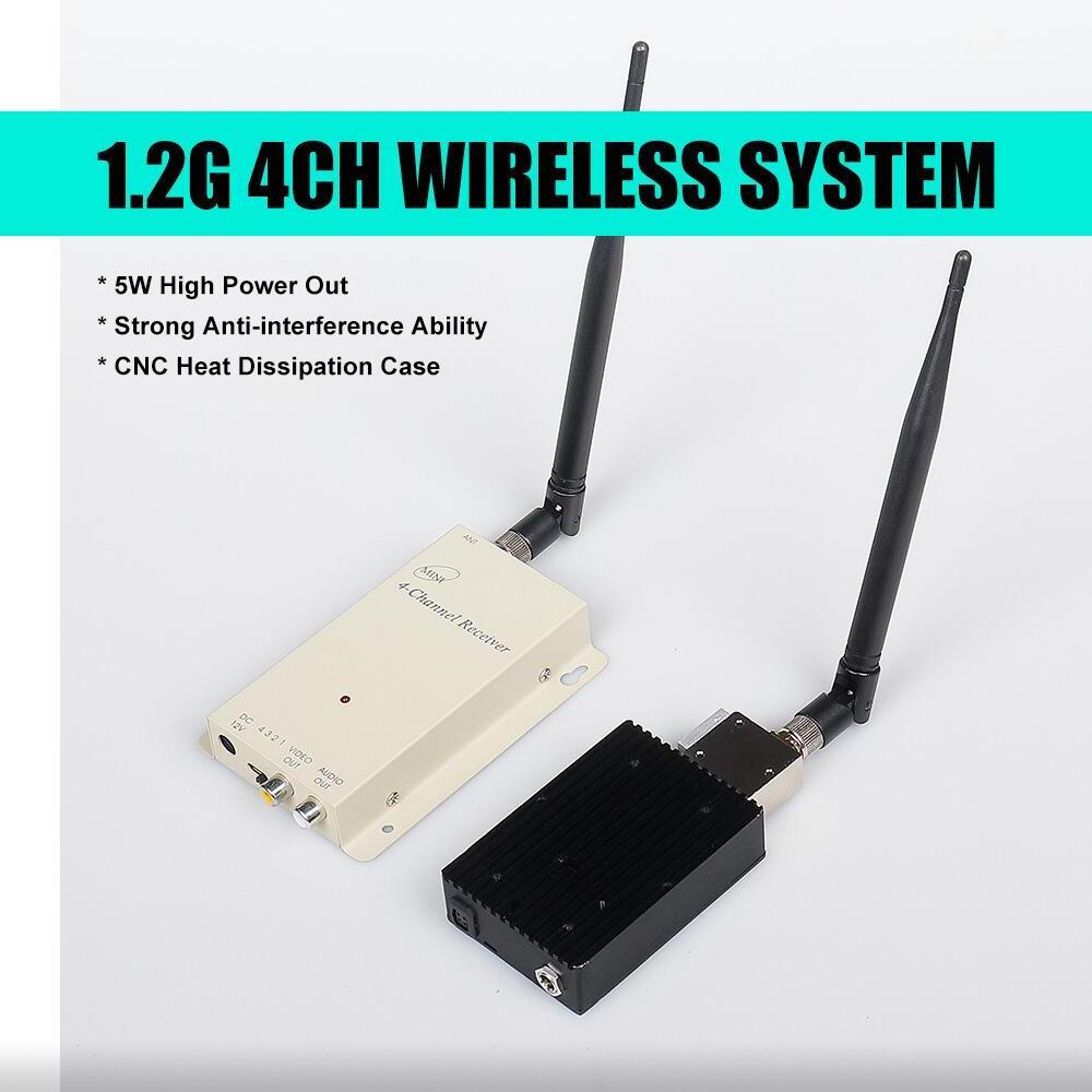 1.2G 5W(Enhanced) 4CH 1080/1200 MHZ VTX VRX Wireless Analog FPV System Sender TV Audio Video Transmitter Receiver Long Range UAV