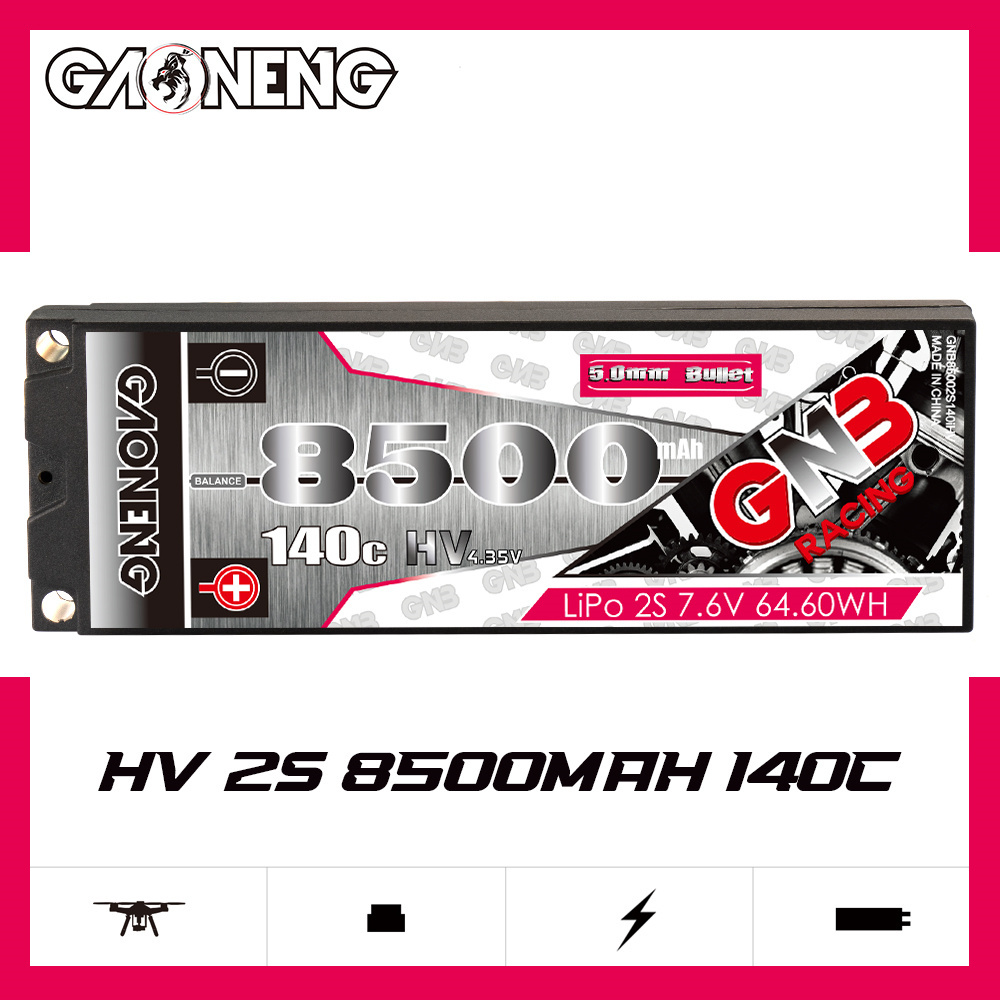 GNB GAONENG 8500MAH 2S HV 7.6V 140C RC LiPo Battery Racing Car Hard Case 5mm 5.0mm bullet 1:10 1/10 scale LiHV High Voltage