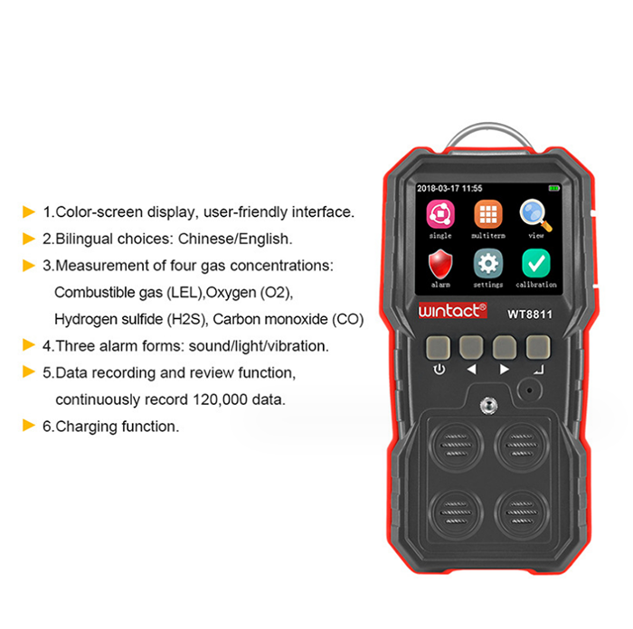 WT8811 Industrial Digital Handheld 4 in 1 Gas Carbon Monoxide Detector Oxygen Combustible Gas Detector H2S Tester