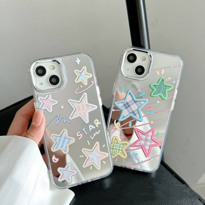 Latest Plaid Star Print Mirror Mobile Phone Case For Iphone 7 8plus Xr 11 12 13 14 Pro Max Shock Proof Protect Back Cover Shell