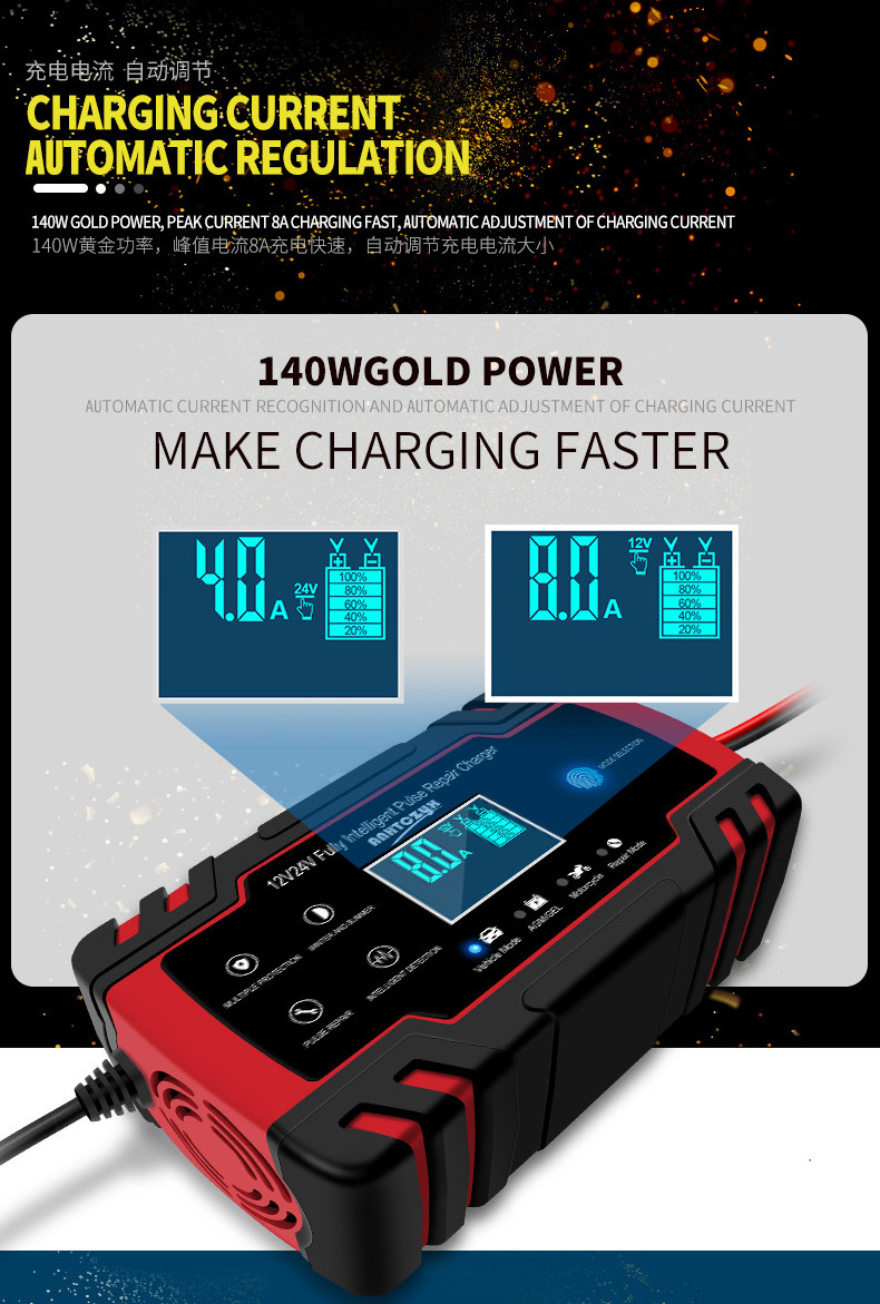 Universal Lcd 8A 12v 24v Pulse Repair Fast Battery Charging Trickle Smart Maintaine Automotive Truck  Car Battery Charger