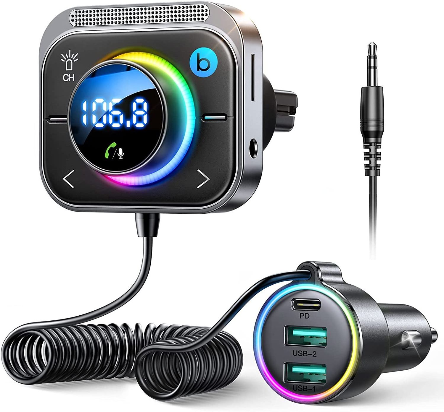 NEW Hands-Free Car Wireless FM Transmitter  Car Kit Speaker Built-in Speaker QC3.0 PD 30W Fast Charging Car Mp3 Player