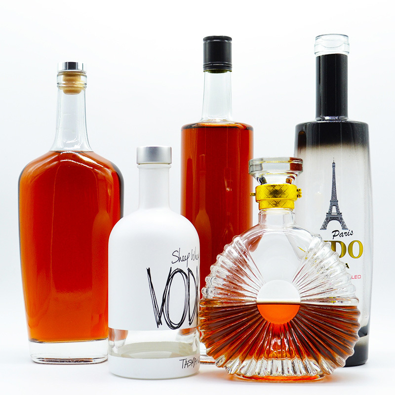 luxury 375ml 500ml 750ml 1000ml cork top screw GPI top cap round whiskey vodka brandy spirits glass bottles