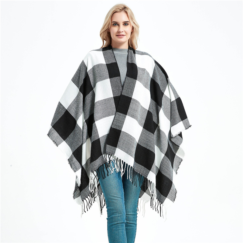 autumn winter new shawl ladies cashmere black and white tassel plaid split shawl