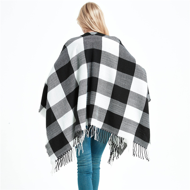 autumn winter new shawl ladies cashmere black and white tassel plaid split shawl