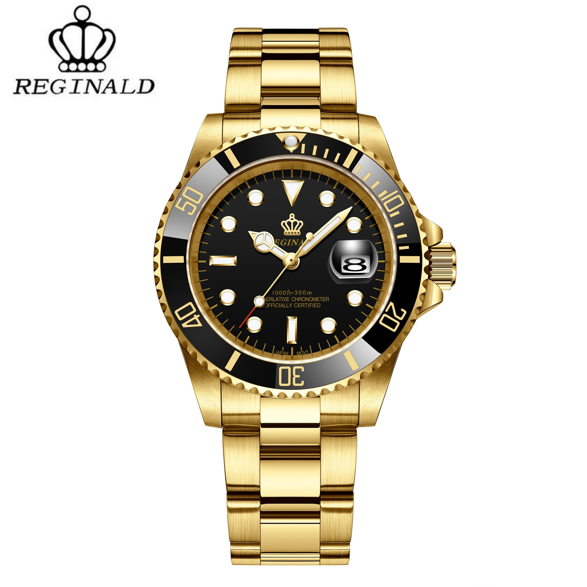 Brand Hong Kong Crown REGINALD Watch Men Rotatable Bezel Japan MIYOTA 2115 Quartz Movement Full Stainless steel Watches