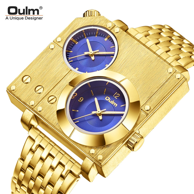 Oulm Brand 5024 Golden Men's Watches Stainless Steel Quartz Clock Two Time Zone Unique Male Watch Relogio Masculino