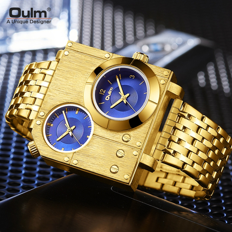 Oulm Brand 5024 Golden Men's Watches Stainless Steel Quartz Clock Two Time Zone Unique Male Watch Relogio Masculino