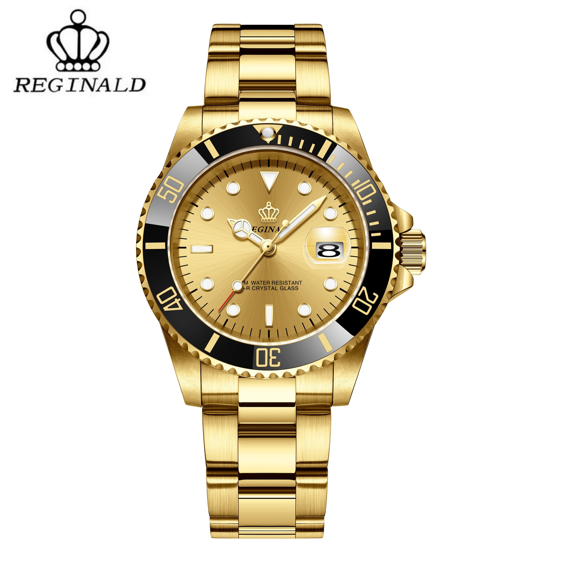 Brand Hong Kong Crown REGINALD Watch Men Rotatable Bezel Japan MIYOTA 2115 Quartz Movement Full Stainless steel Watches