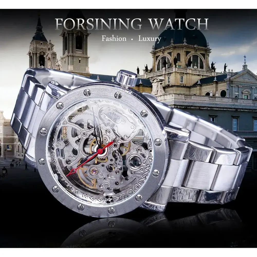 Forsining Silver Wristwatches Black Red Pointer Stainless Steel Belt Automatic Watches for Men Transparent Watch