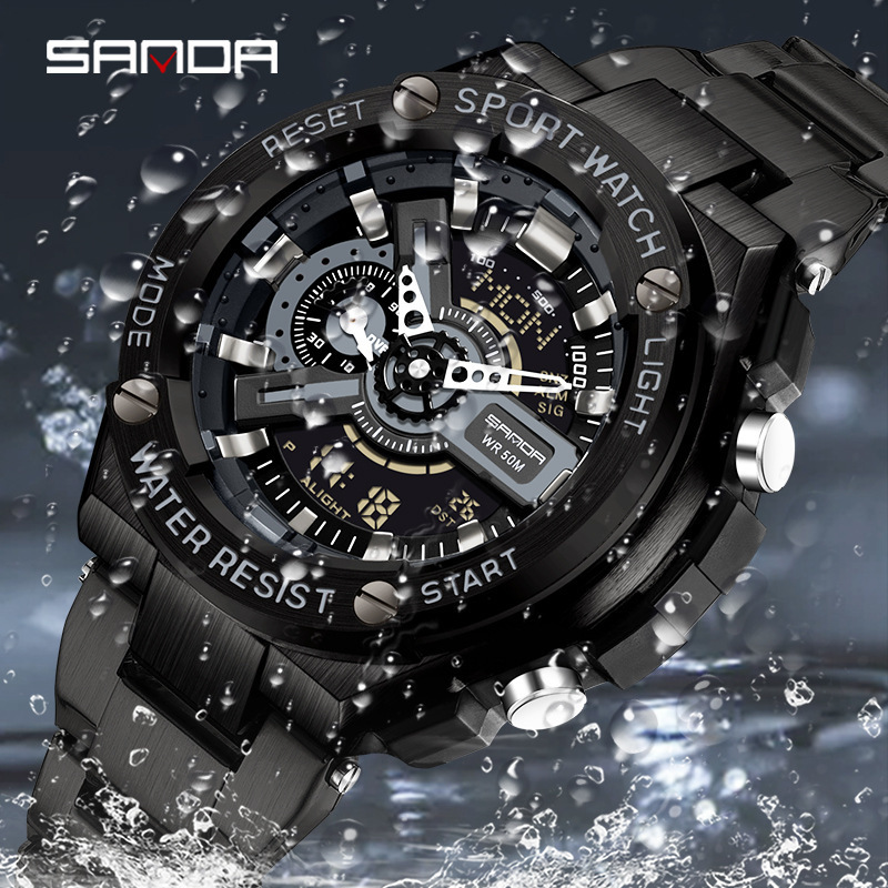 Sanda steel belt hand-raising light new electronic watch multi-functional men's high-tech waterproof