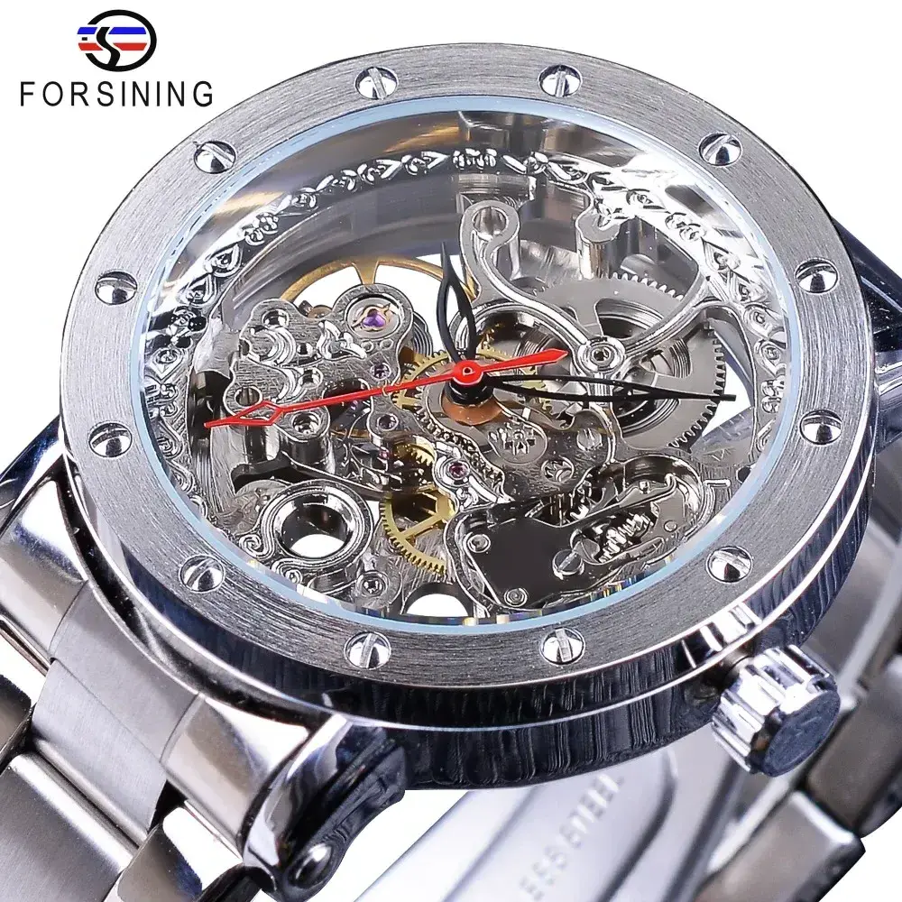 Forsining Silver Wristwatches Black Red Pointer Stainless Steel Belt Automatic Watches for Men Transparent Watch