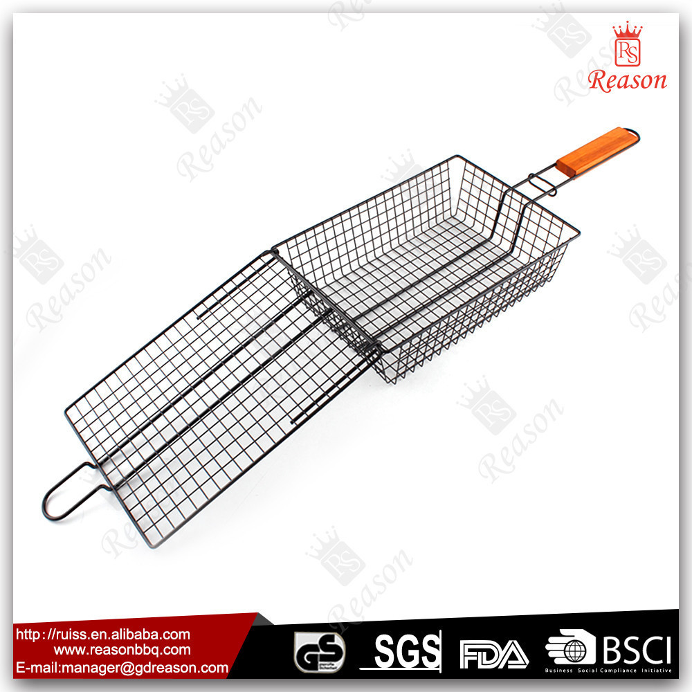 Non-Stick Wooden Handle BBQ Grill Wire Mesh, BBQ Grill Mesh, Wire Mesh Container