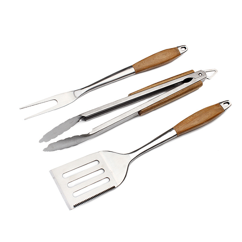 430 Stainless Steel BBQ Grill Tools Set Of 3 Including Fork Turner Tong With Wood handle For Grilling