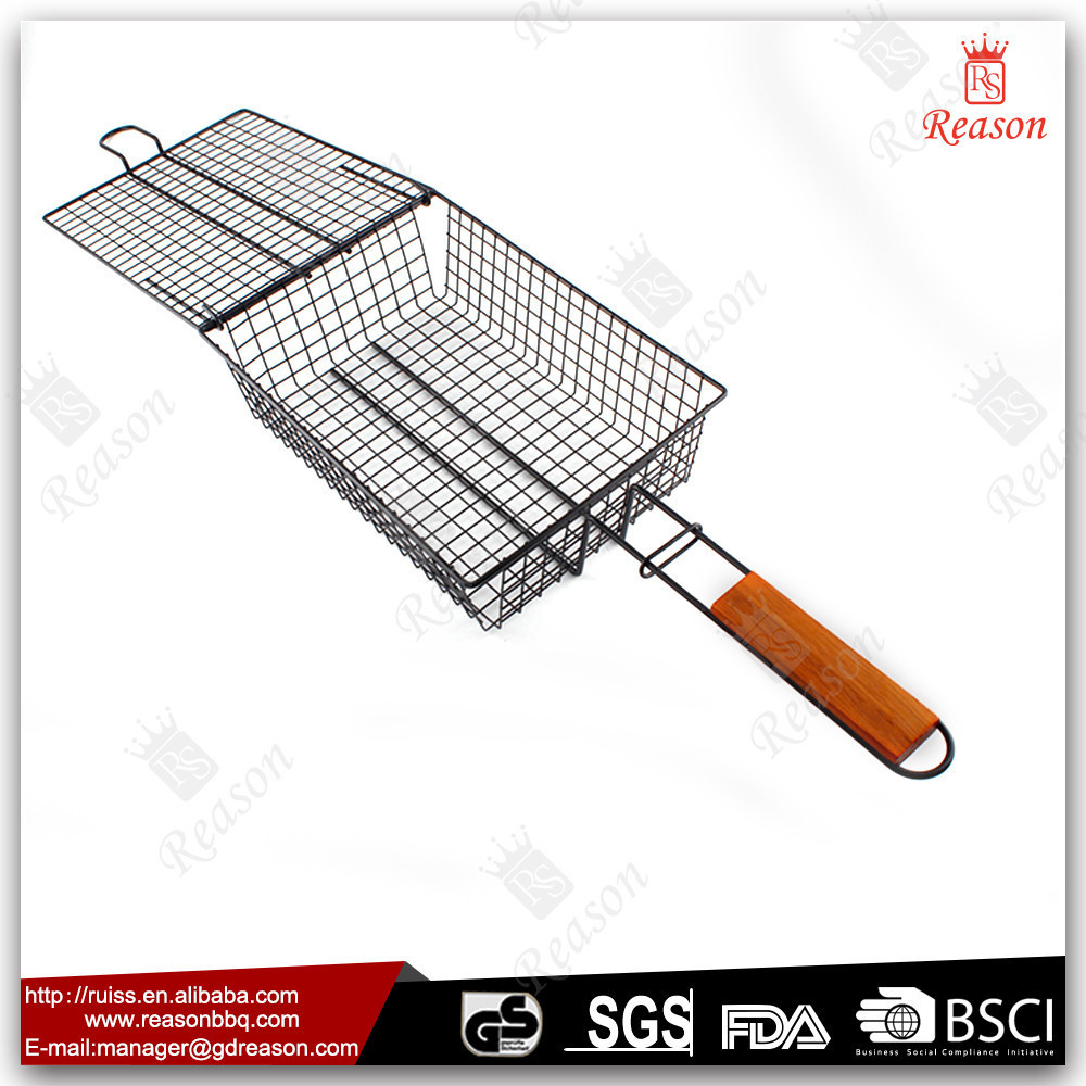 Non-Stick Wooden Handle BBQ Grill Wire Mesh, BBQ Grill Mesh, Wire Mesh Container