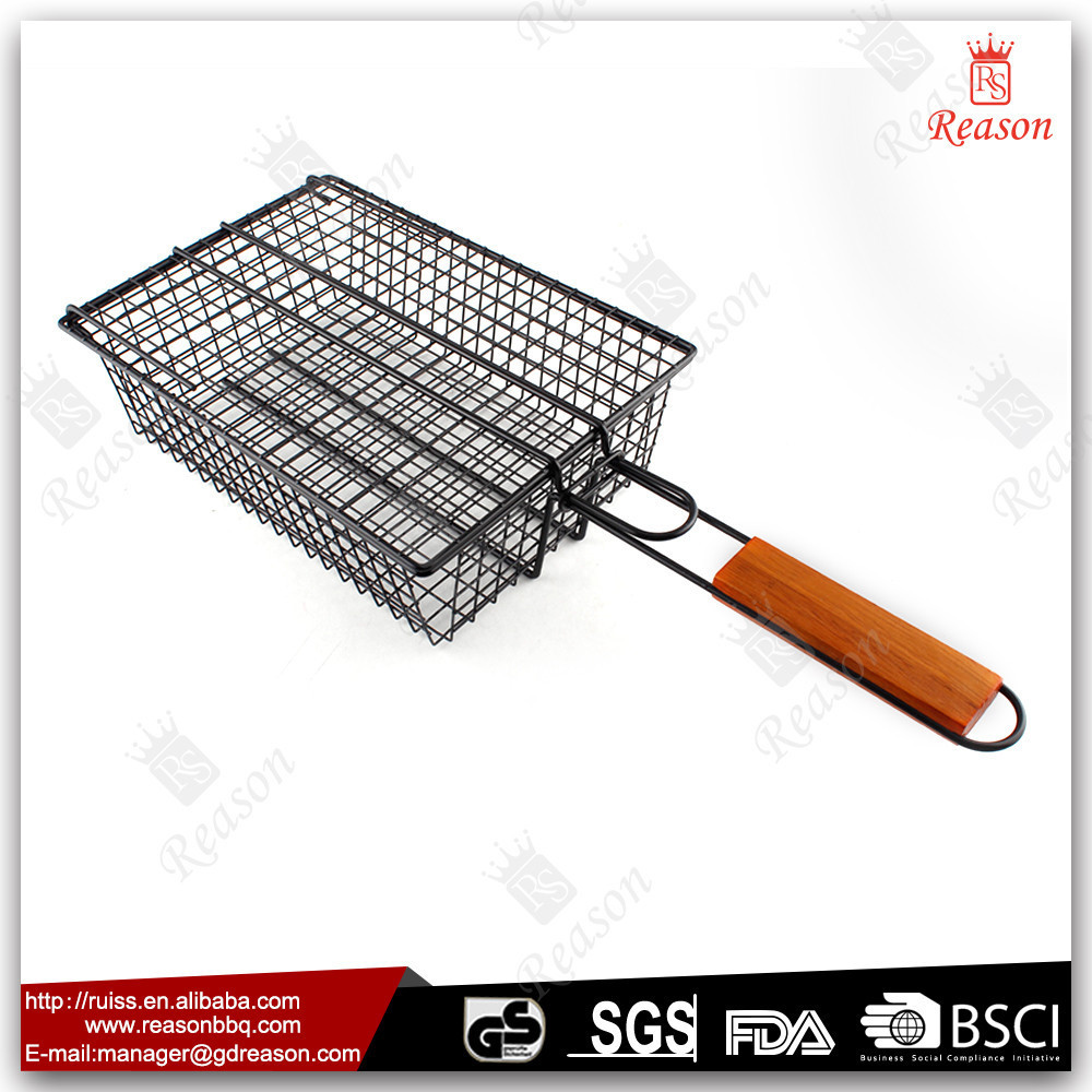 Non-Stick Wooden Handle BBQ Grill Wire Mesh, BBQ Grill Mesh, Wire Mesh Container