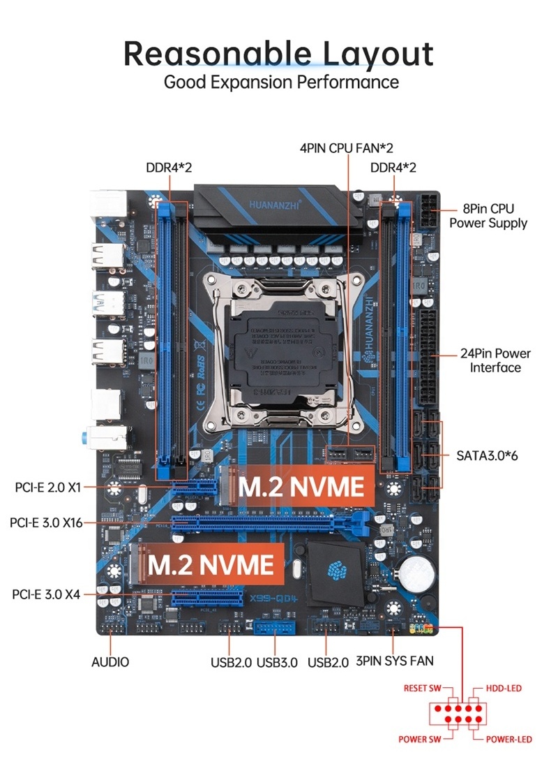 HUANANZHI X99 QD4 X99 Motherboard with combo kit set XEON E5 2670 V3 16GB 2666MHz (2*8G) DDR4 Desktop Memory NVME NGFF USB 3.0