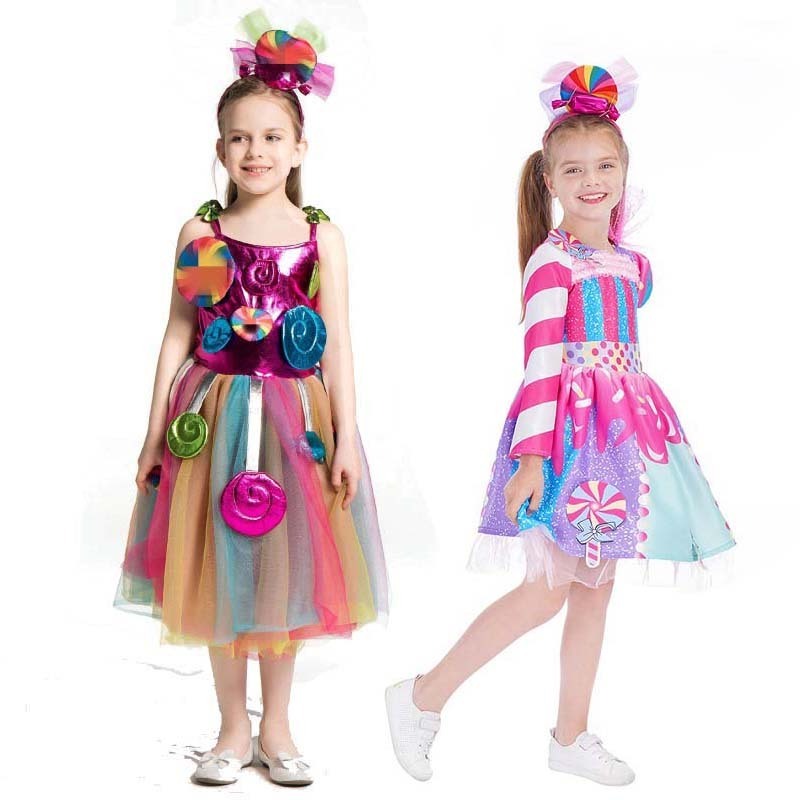 Girls Birthday Pageant Dress Up Rainbow Tulle Dresses Candyland Costumes with Headband DGHC-081