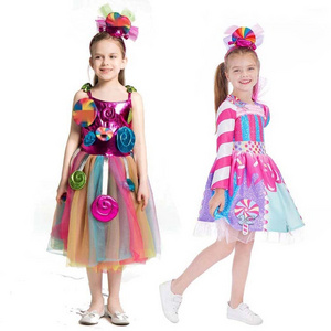 Girls Birthday Pageant Dress Up Rainbow Tulle Dresses Candyland Costumes with Headband DGHC-081