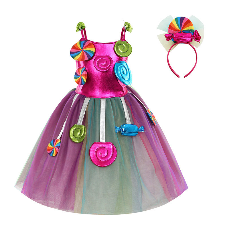 Girls Birthday Pageant Dress Up Rainbow Tulle Dresses Candyland Costumes with Headband DGHC-081