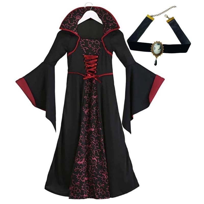 Girls Halloween Dress Up Party Zombie Medieval Queen Royal Child Vampire Princess Costumes With Choker ZMHC-001