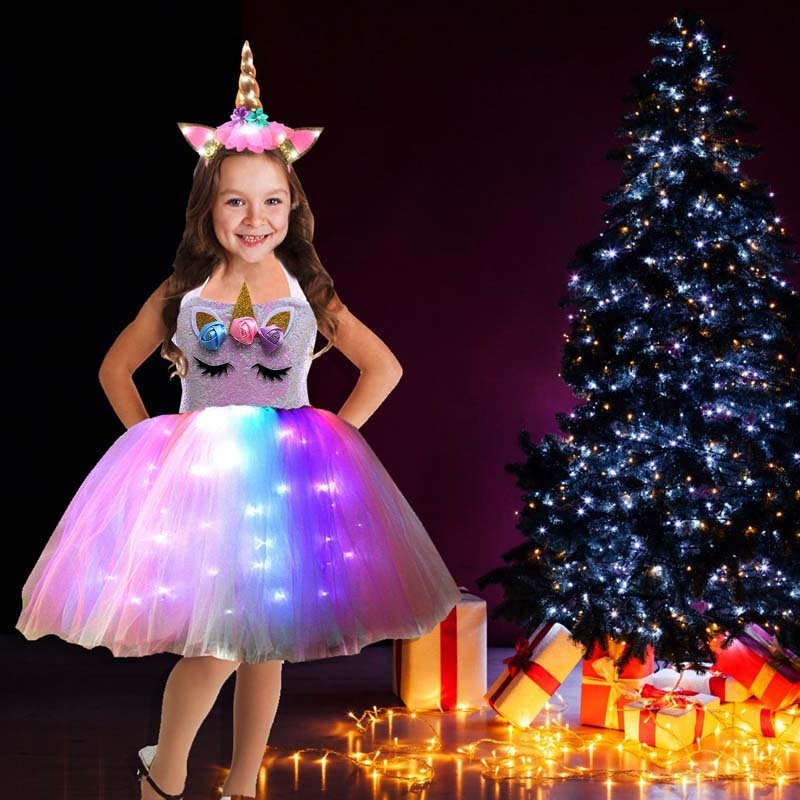 Fashion 2023 Unicorn Costumes Party Unicorn Princess Led Light Up Girls Dresses with Headband HDFT-006