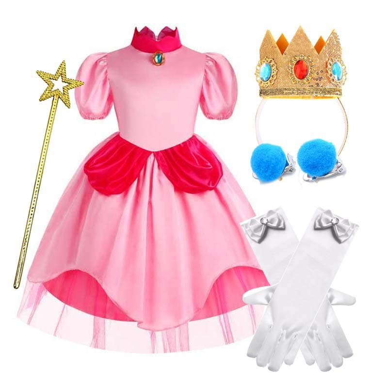 Carnival Cosplay Baby Girls Party Christmas Super Brother Cartoon Pink Princess Peach Costume with Crown CMGC-003