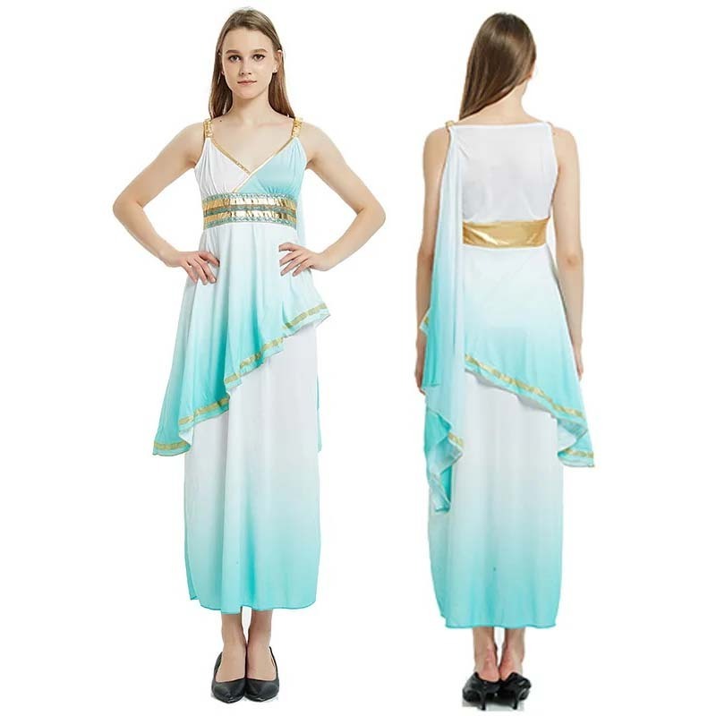 Adult halloween party white blue Athena goddess dress costume AWHC-019