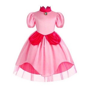 Carnival Cosplay Baby Girls Party Christmas Super Brother Cartoon Pink Princess Peach Costume with Crown CMGC-003