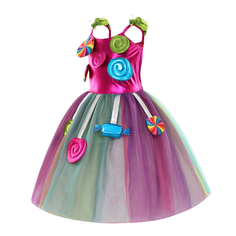 Girls Birthday Pageant Dress Up Rainbow Tulle Dresses Candyland Costumes with Headband DGHC-081