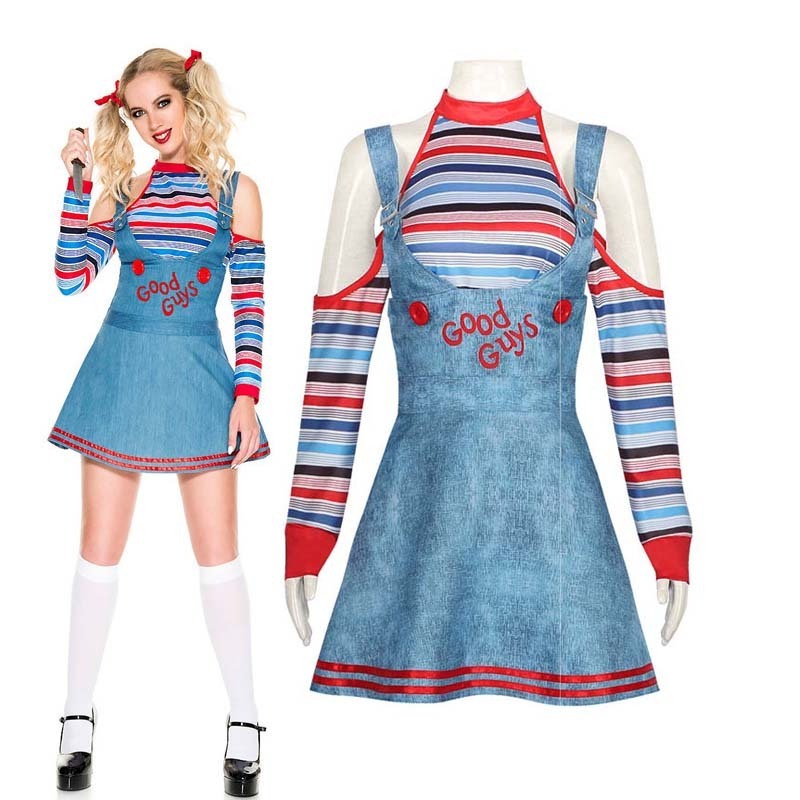 Women  Back Soul Doll Striped Top Slip Dress Suit Sexy Chucky Adult Costume FART-002