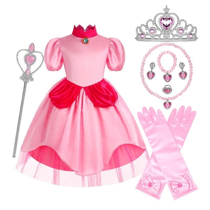 Carnival Cosplay Baby Girls Party Christmas Super Brother Cartoon Pink Princess Peach Costume with Crown CMGC-003