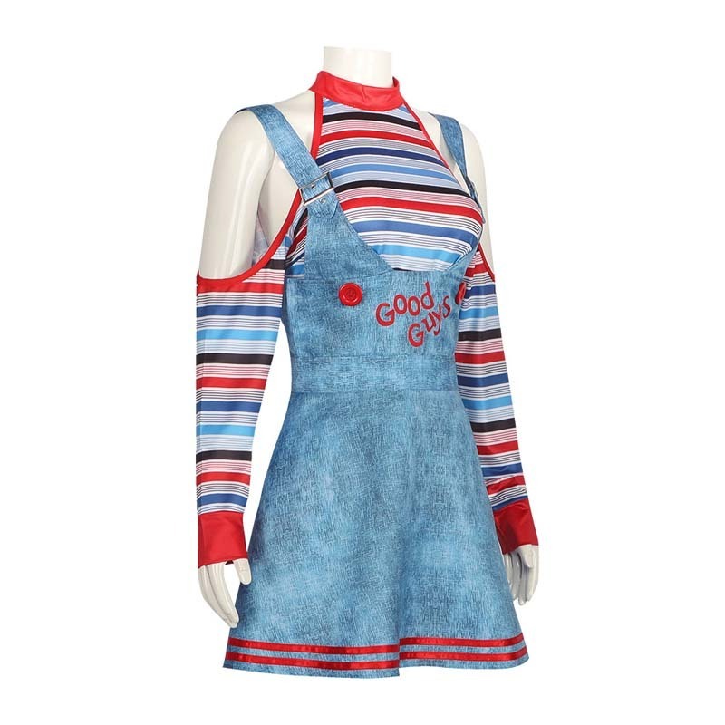 Women  Back Soul Doll Striped Top Slip Dress Suit Sexy Chucky Adult Costume FART-002