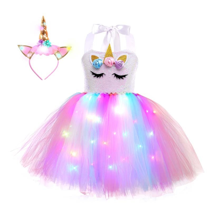 Fashion 2023 Unicorn Costumes Party Unicorn Princess Led Light Up Girls Dresses with Headband HDFT-006