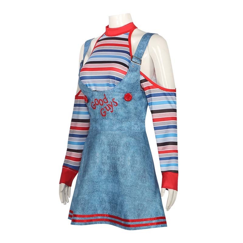 Women  Back Soul Doll Striped Top Slip Dress Suit Sexy Chucky Adult Costume FART-002