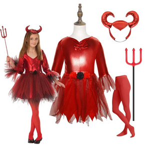 Girl Carnival Halloween Satan Delightful red devil costumes with red devil horns ZMHC-018