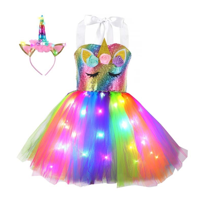 Fashion 2023 Unicorn Costumes Party Unicorn Princess Led Light Up Girls Dresses with Headband HDFT-006