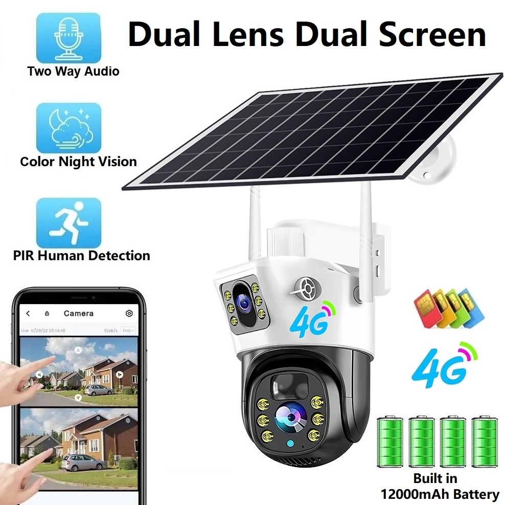 Dual Lens Screen 10W Solar Panel 12000mah Battery PIR Human Detection AutoTracking 4G Solar Powered Wireless Security Camera