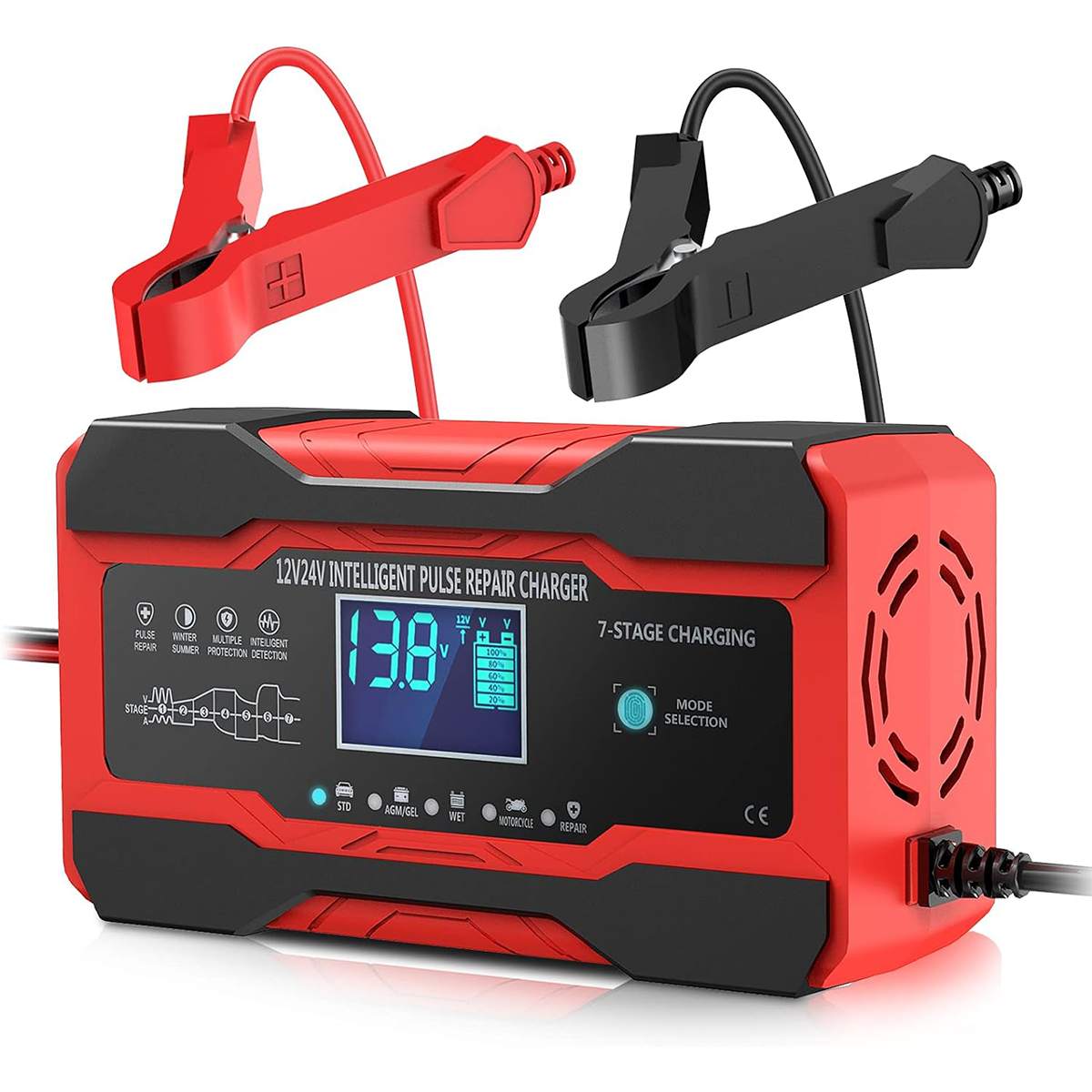 12V 24V Intelligent Pulse Repair Charger, 10-Amp 12V and 24V Fully-Automatic Smart Car Battery Maintainer Trickle Charger