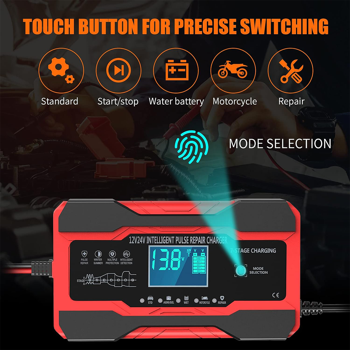 12V 24V Intelligent Pulse Repair Charger, 10-Amp 12V and 24V Fully-Automatic Smart Car Battery Maintainer Trickle Charger