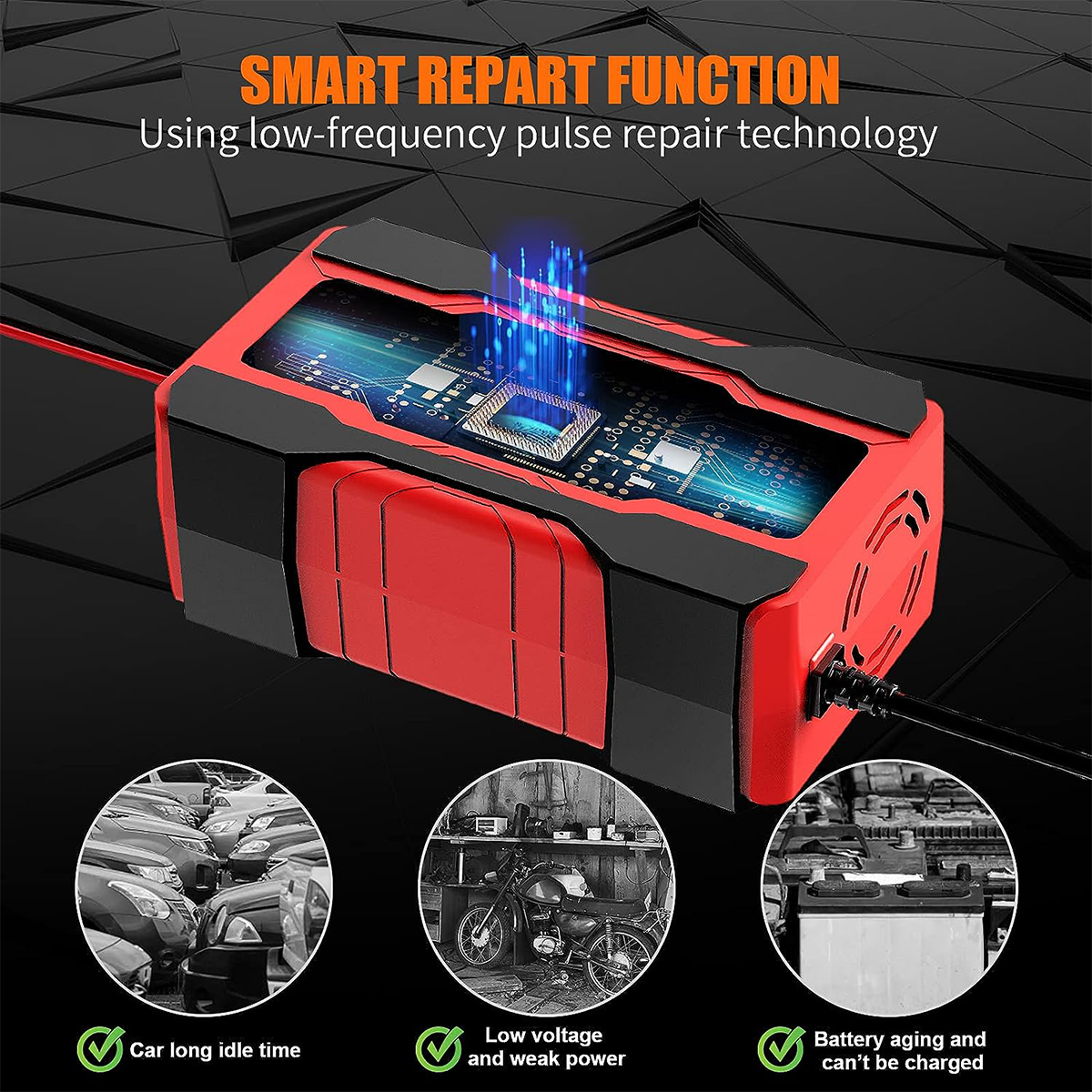 12V 24V Intelligent Pulse Repair Charger, 10-Amp 12V and 24V Fully-Automatic Smart Car Battery Maintainer Trickle Charger