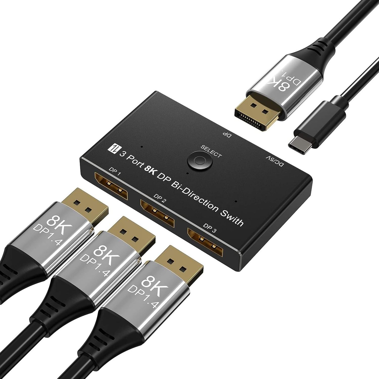 DisplayPort 8K DP 1.4 Switch 3 In 1 Out 1 In 3 Out Bi-Direction 8K@30Hz 4K@144Hz Splitter Converter