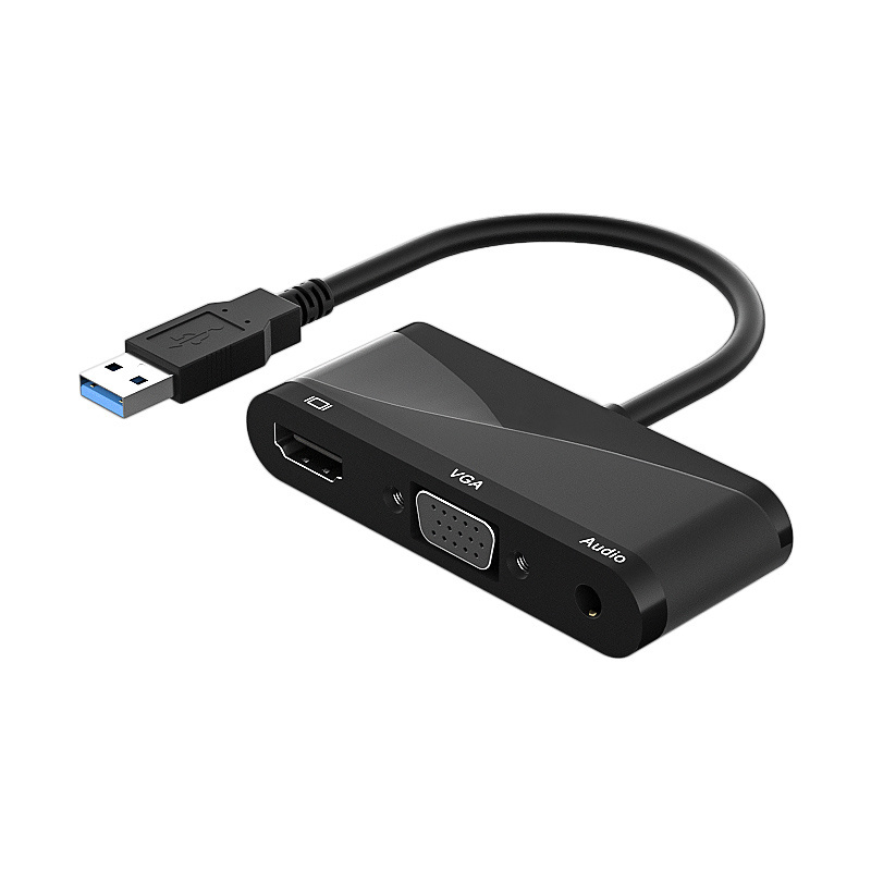 USB 3.0 TO HDMI +VGA+3.5mm Audio 2 in 1 converter Usb split-screen HD VGA hub 1080P drive free Black