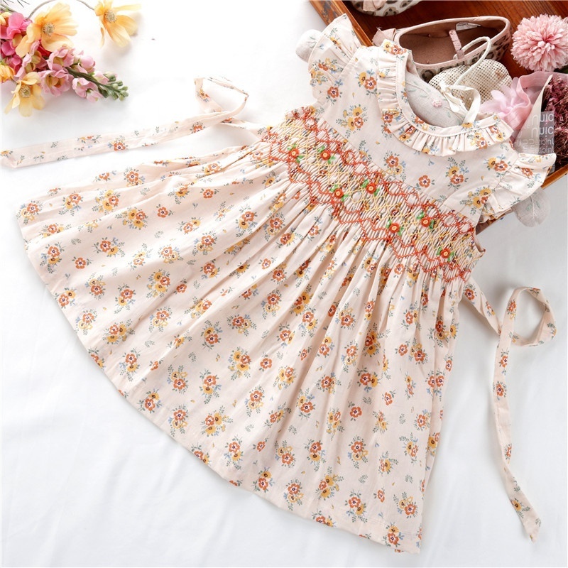 C526 2-8 summer floral cotton  girls dress for summer Easter smocked baby clothing kids wholesale boutiques embroidery