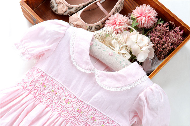 B062362 PINK girl's dresses summer solid blue plain eacy smocked cotton kids clothing  wholesale