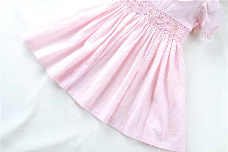 B062362 PINK girl's dresses summer solid blue plain eacy smocked cotton kids clothing  wholesale