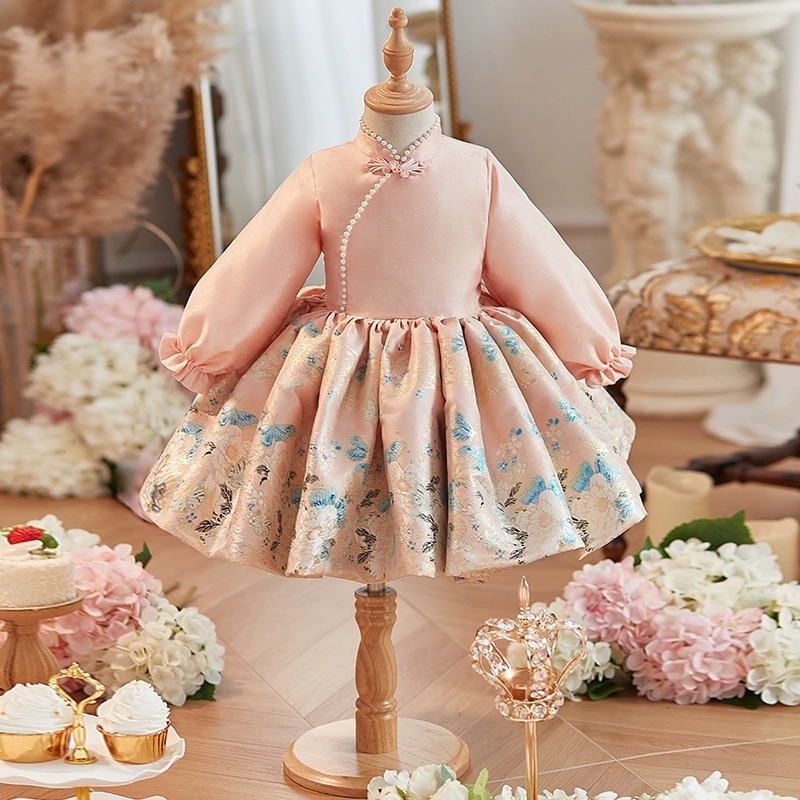 princess boutiques traditional embroidery butterfly dress infant toddler long sleeve flower pink clothing for wedding party